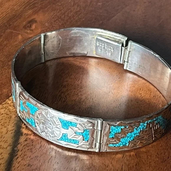 GM 10 MEXICO 925 STERLING SILVER TURQUOISE INLAY Hinge BRACELET 6.75” clasp 22g - Picture 5 of 16